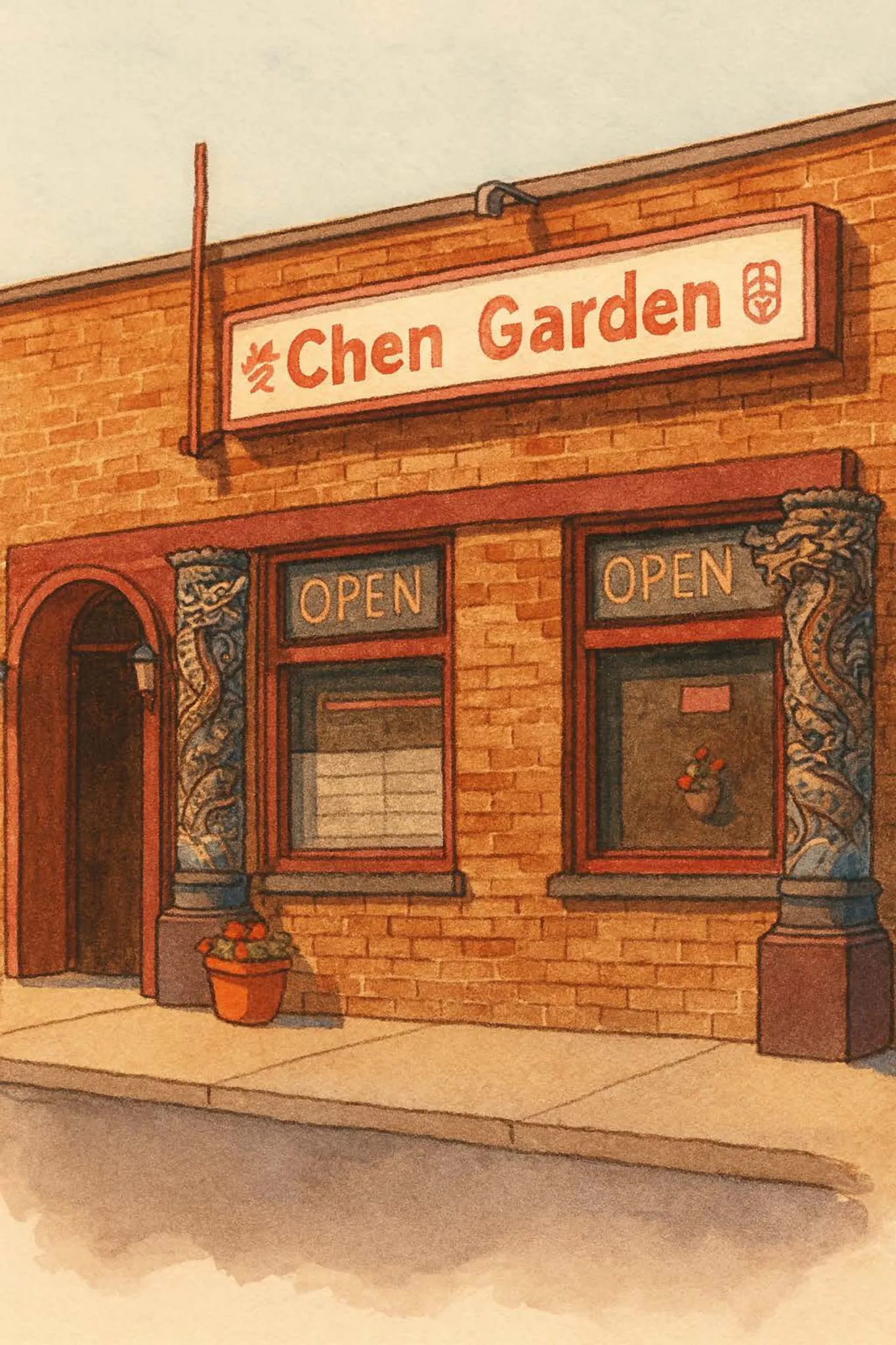 Illustration of the exterior of Chen Garden restaurant, showing brick walls, windows with 'OPEN' signs, a decorative door, and a signboard with the restaurant's name